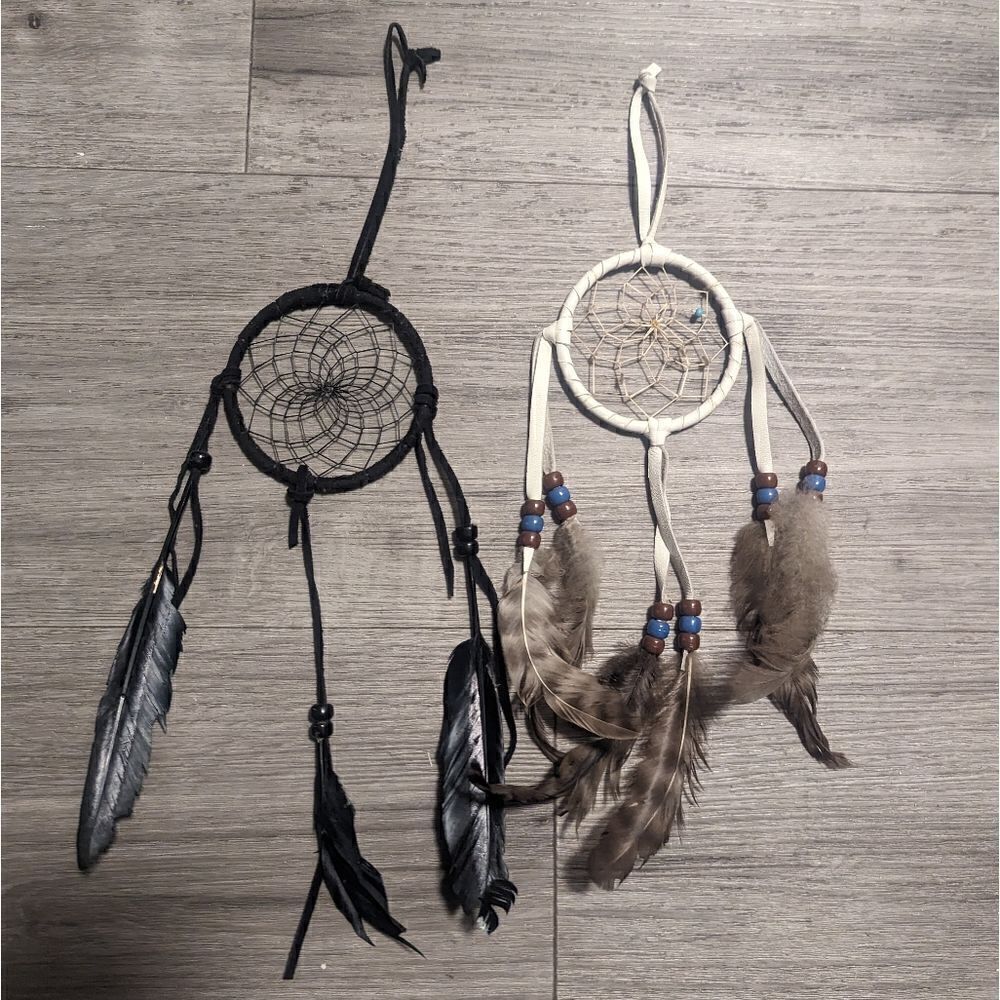 lot #105 Handmade set of 2 Leather Dreamcatchers with Feathers Beads Accents